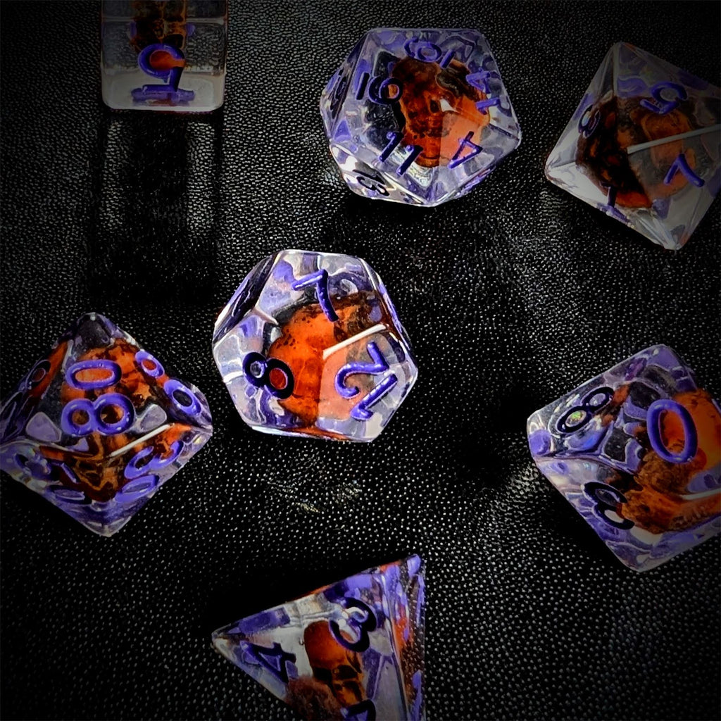 Orange Skull in Clear Resin - 7pcs RPG Full Dice Set