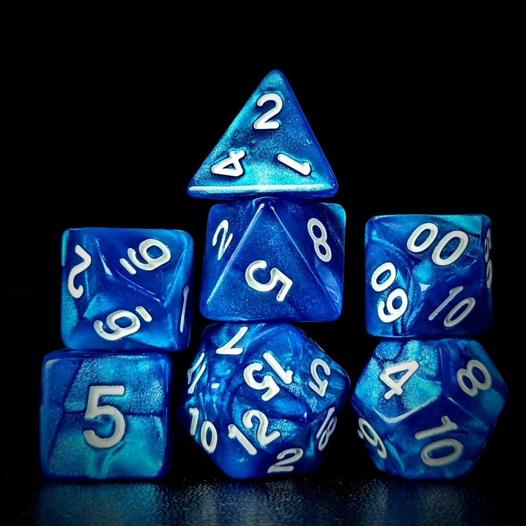 Glitter in Blue Acrylic - 7pcs RPG Full Dice Set