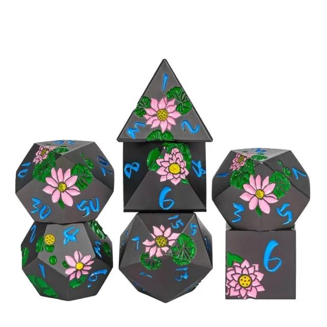 Pink Lotus Flower in Nickel Metal - 7pcs RPG Dice Set