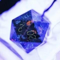 D20 35mm Dice Gem Stone Glow Gold Font Yooperlite