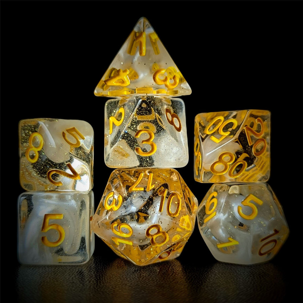 White Swirl in Clear Resin - 7pcs RPG Full Dice Set