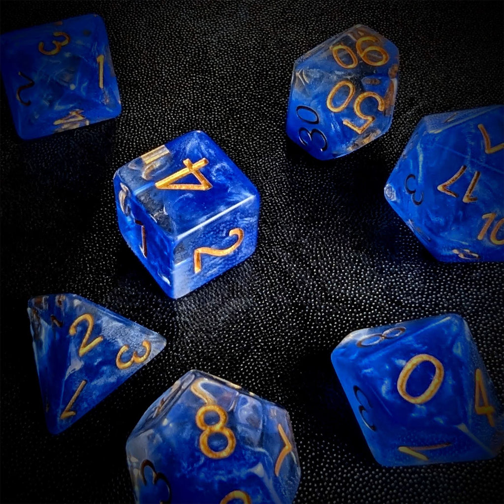 Royal Blue Swirl in Clear Resin - 7pcs RPG Full Dice Set