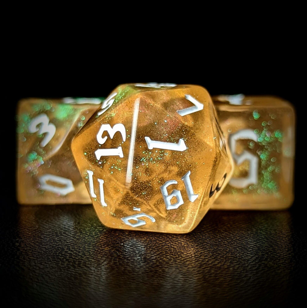Glitter in Clear Orange Acrylic - 7pcs RPG Full Dice Set