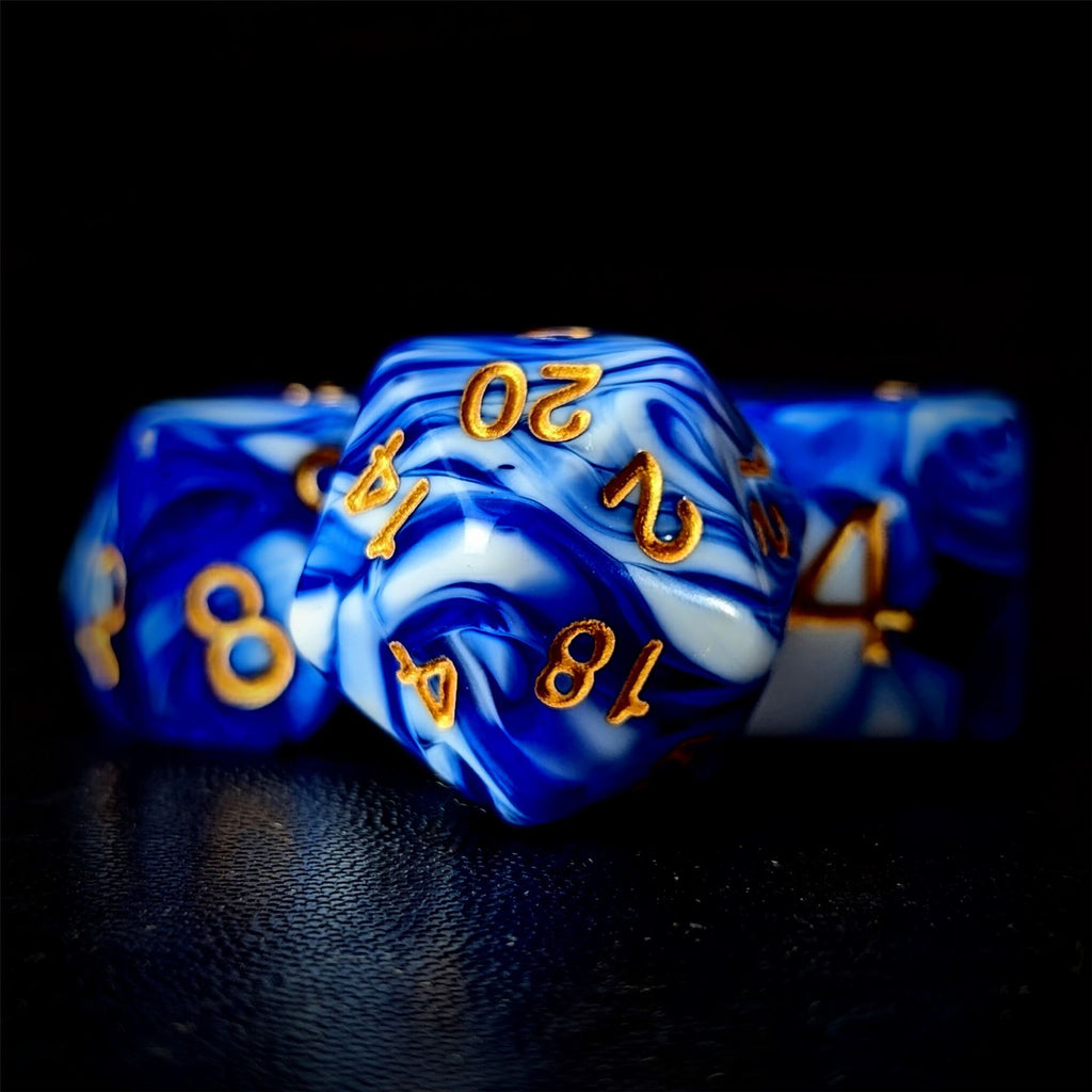 Blend of White & Royal Blue Acrylic - 7pcs RPG Full Dice Set