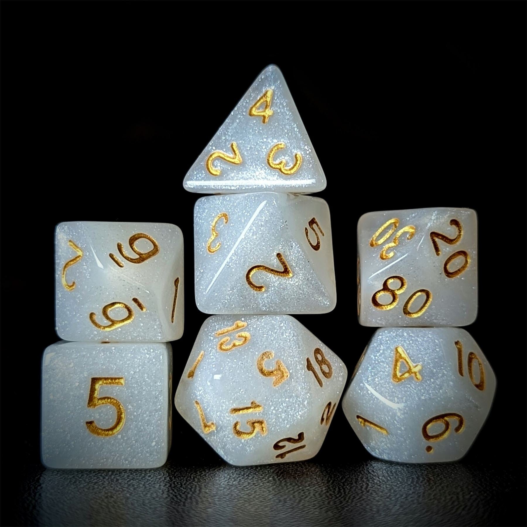 Glitter in White Acrylic - 7pcs RPG Full Dice Set