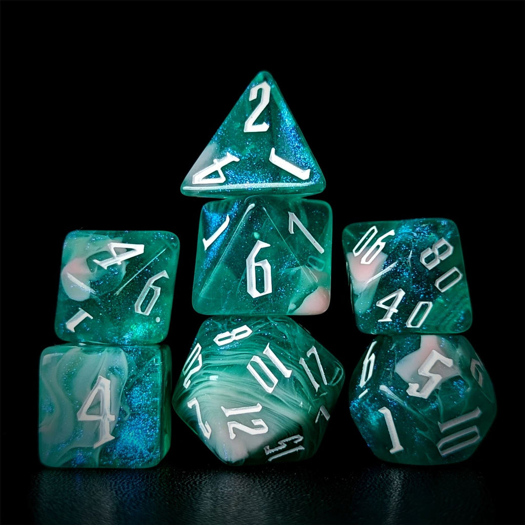 Glitter in Green & Pink Acrylic - 7pcs RPG Full Dice Set
