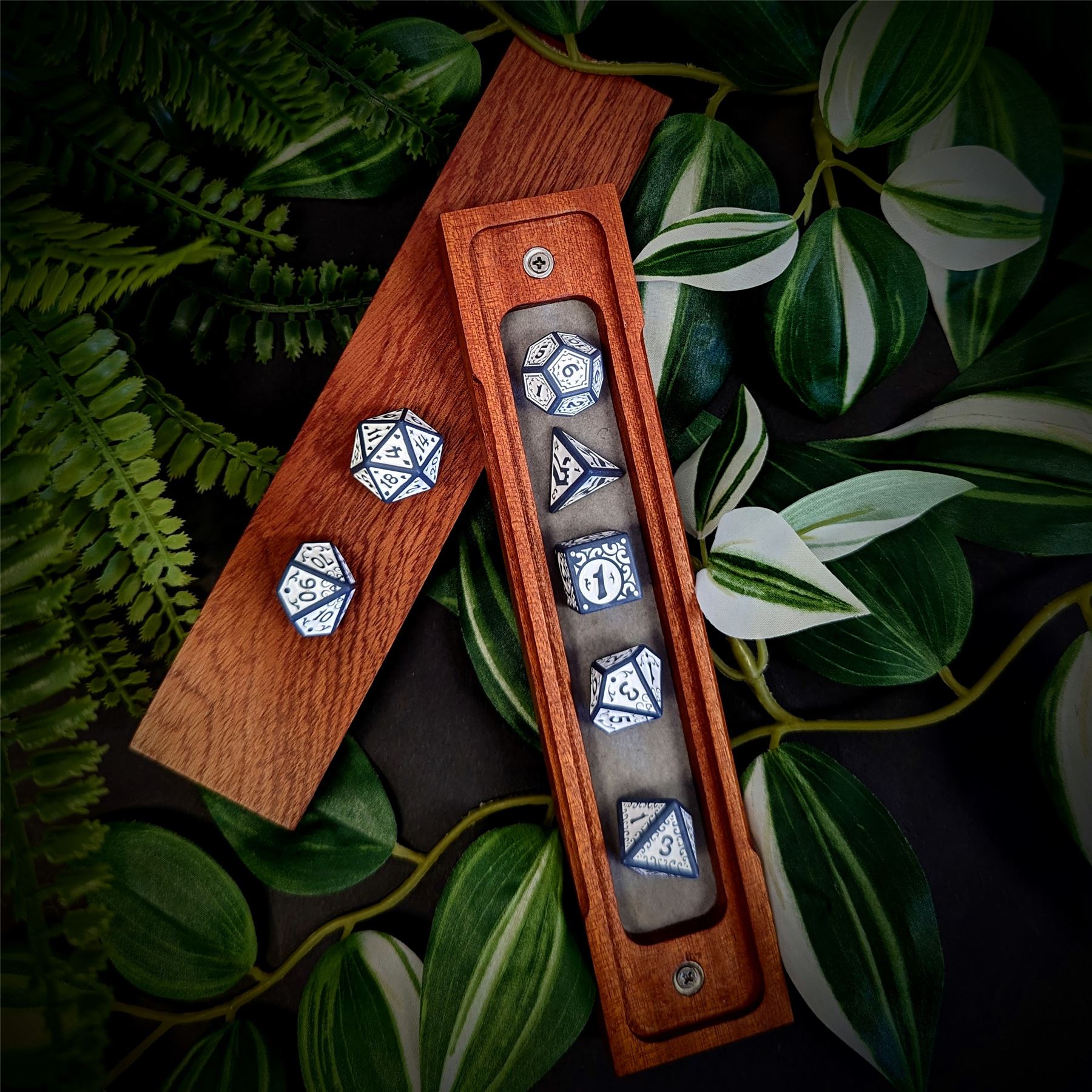 White Vines on Grey Acrylic - 7pcs RPG Full Dice Set