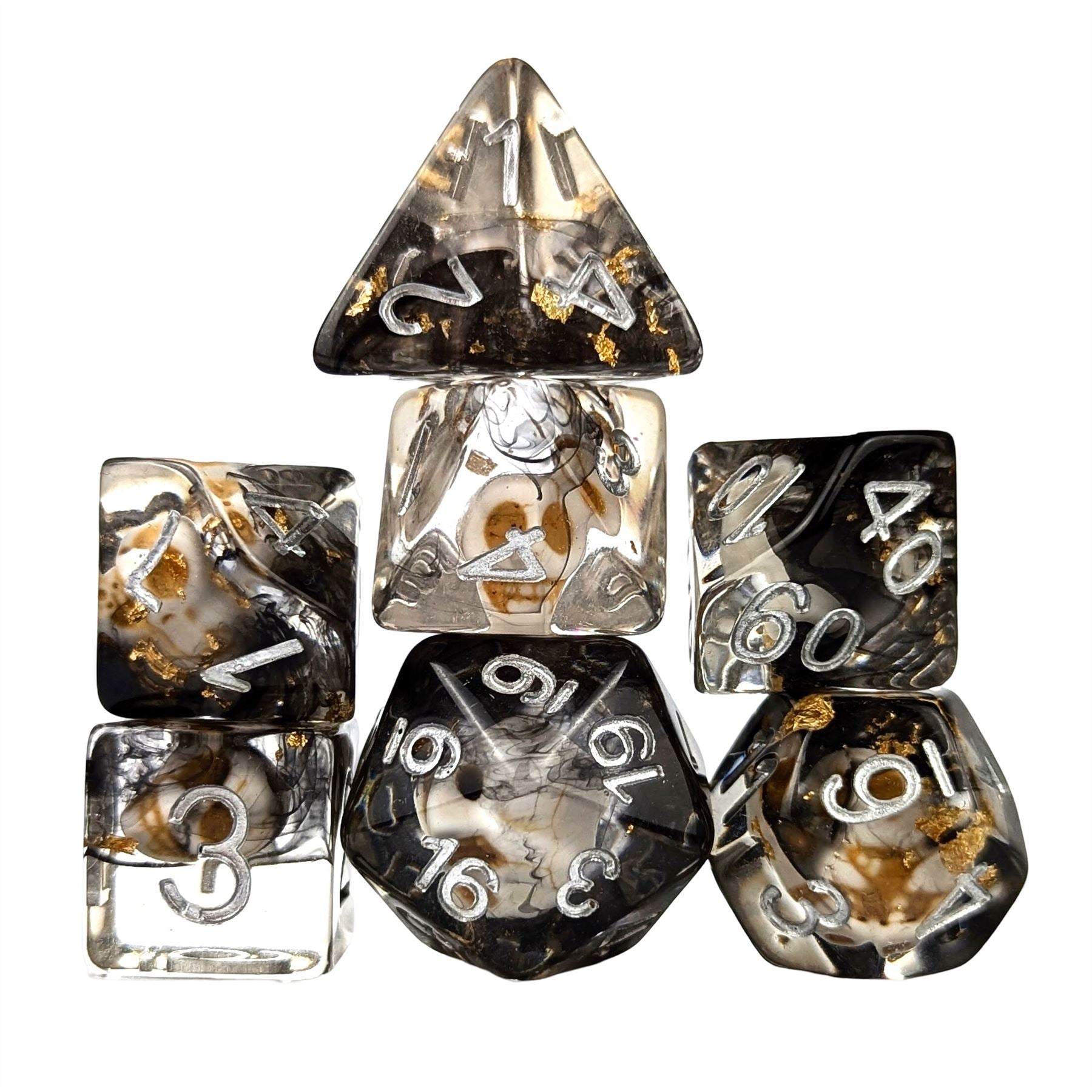 Skull with Gold Foil in Black & Clear Resin - 7pcs RPG Full Dice Set