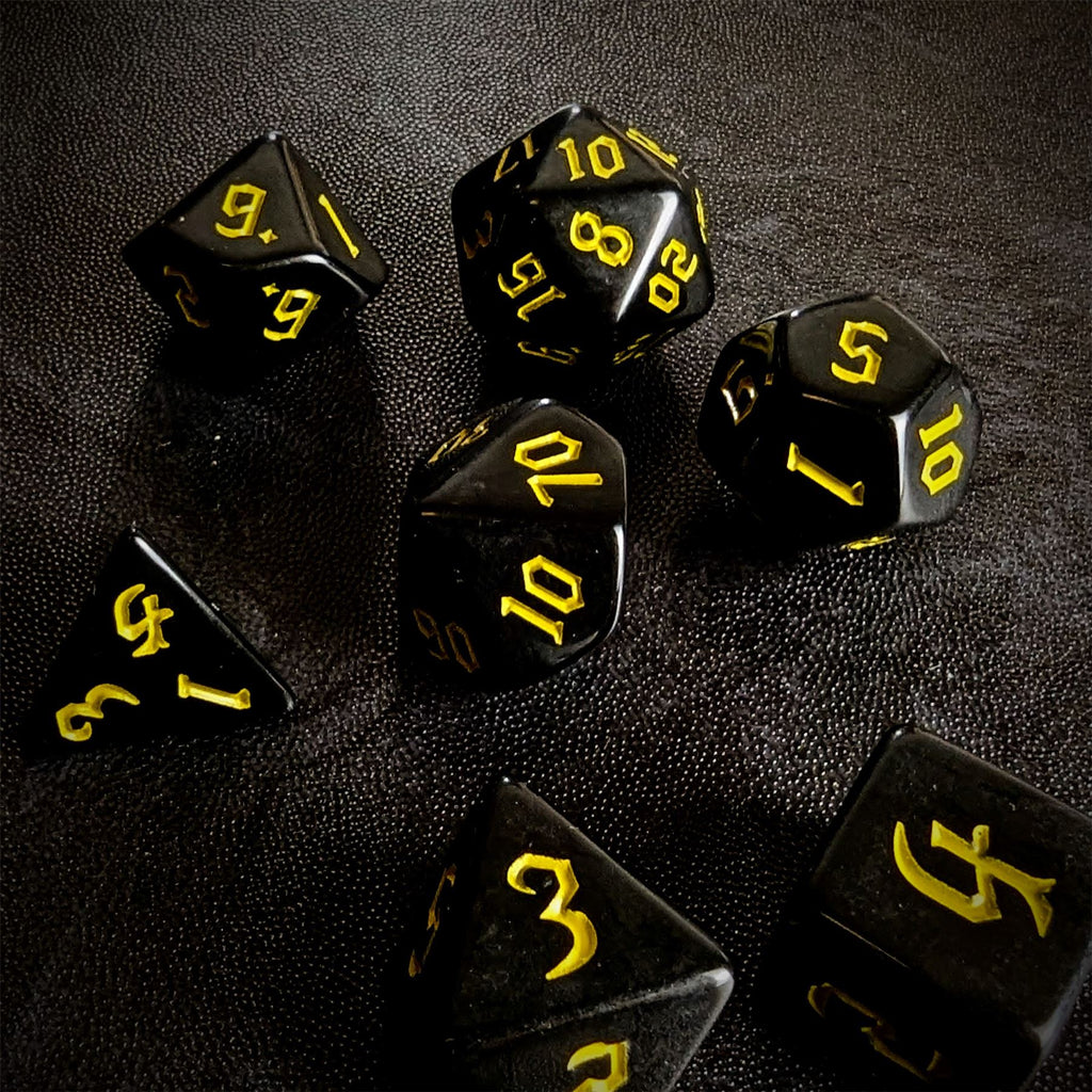 Yellow on Solid Black Acrylic - 7pcs RPG Full Dice Set