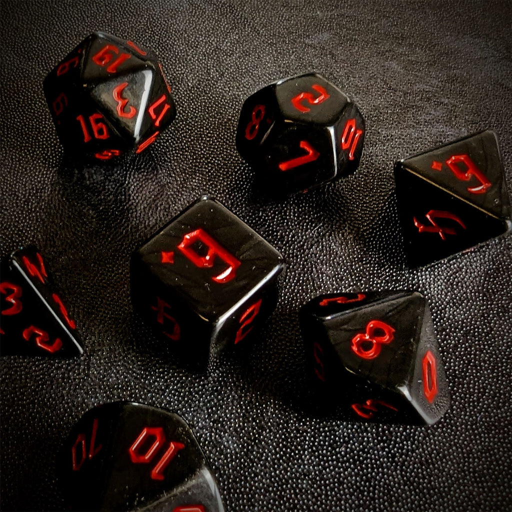 Red on Solid Black Acrylic - 7pcs RPG Full Dice Set