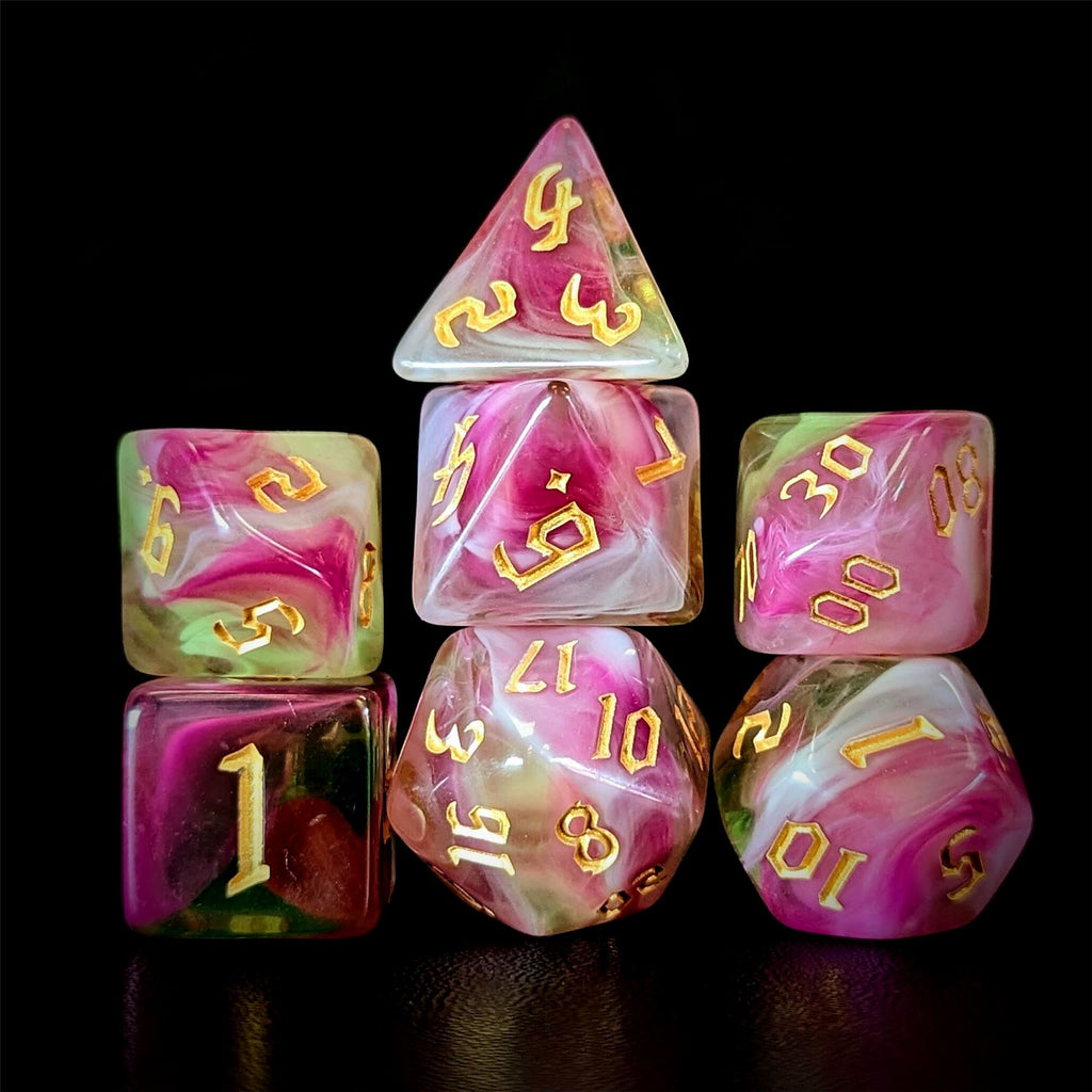 Blend of Green & Pink Acrylic - 7pcs RPG Full Dice Set