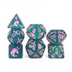 7pcs Dice Resin Pattern Unicorn Pink Font Green