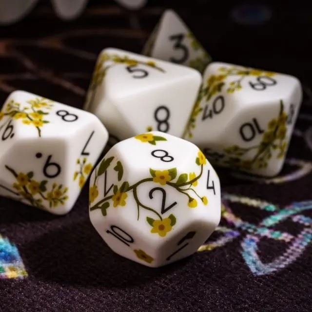 Handmande Yellow Flowers on White Resin -  7pcs RPG Dice Set