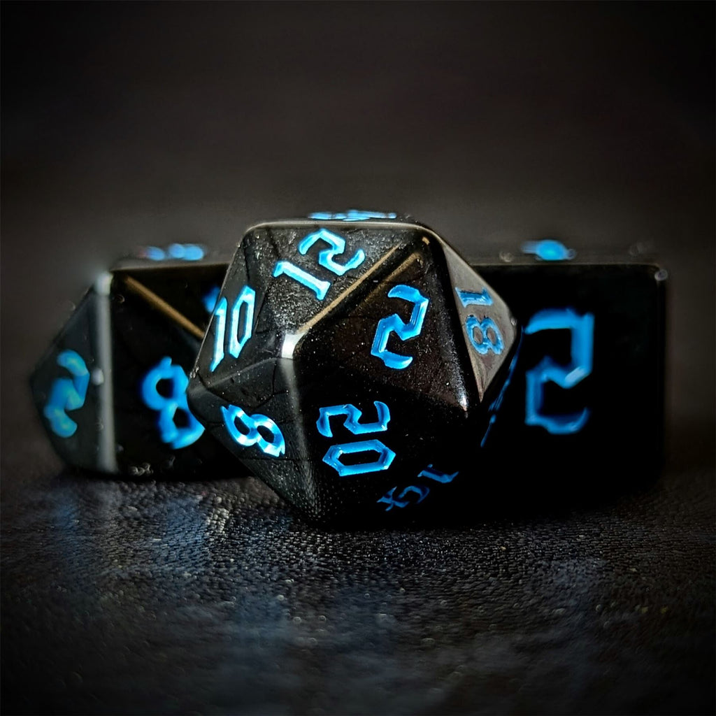 Blue on Solid Black Acrylic - 7pcs RPG Full Dice Set