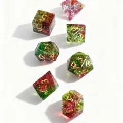 7pcs Dice Gem Glass Gold Font Cracked Pink Green (UD)