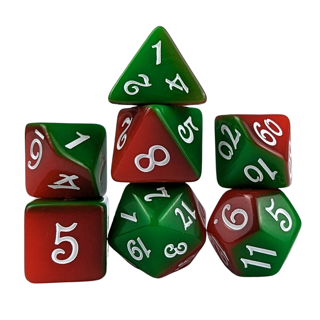 Blend of Red & Green Acrylic - 7pcs RPG Full Dice Set