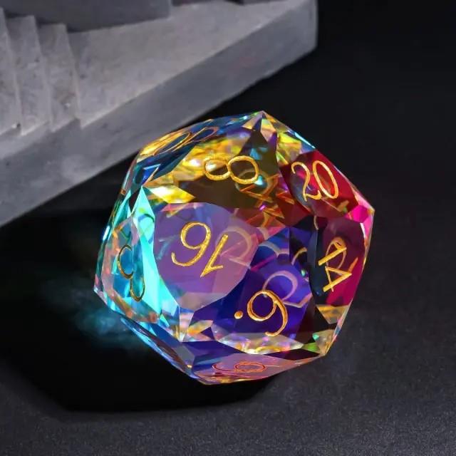 D20 30mm Dice Gem Glass Facet Gold Font Prism