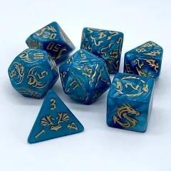 Gold Dragon on Blue Acrylic - 7pcs RPG Full Dice Set