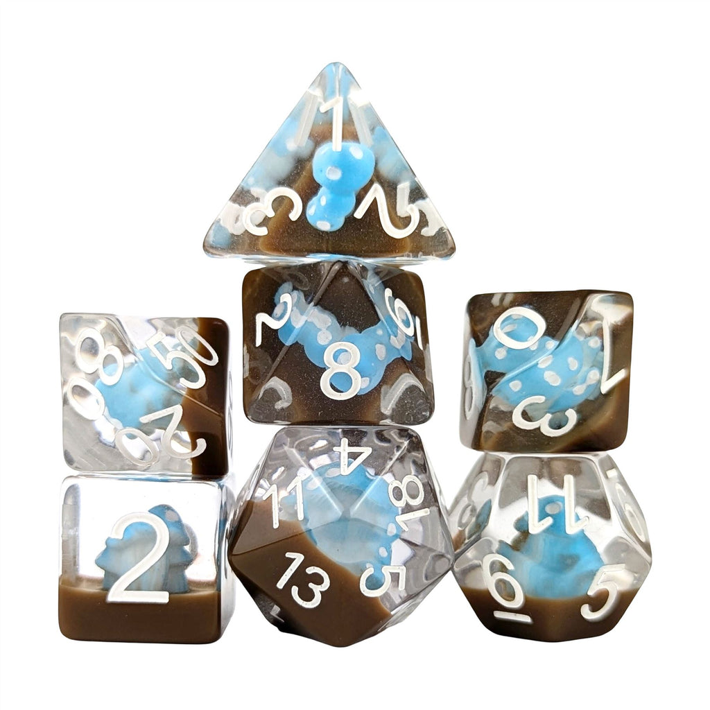 Blue Mashroom in Clear & Brown Resin - 7pcs RPG Full Dice Set