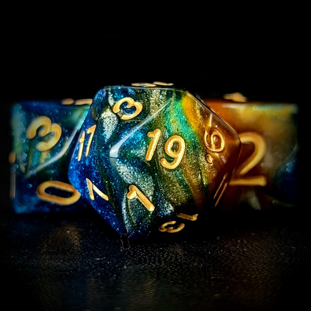Glitter in Blue & Orange Acrylic - 7pcs RPG Full Dice Set