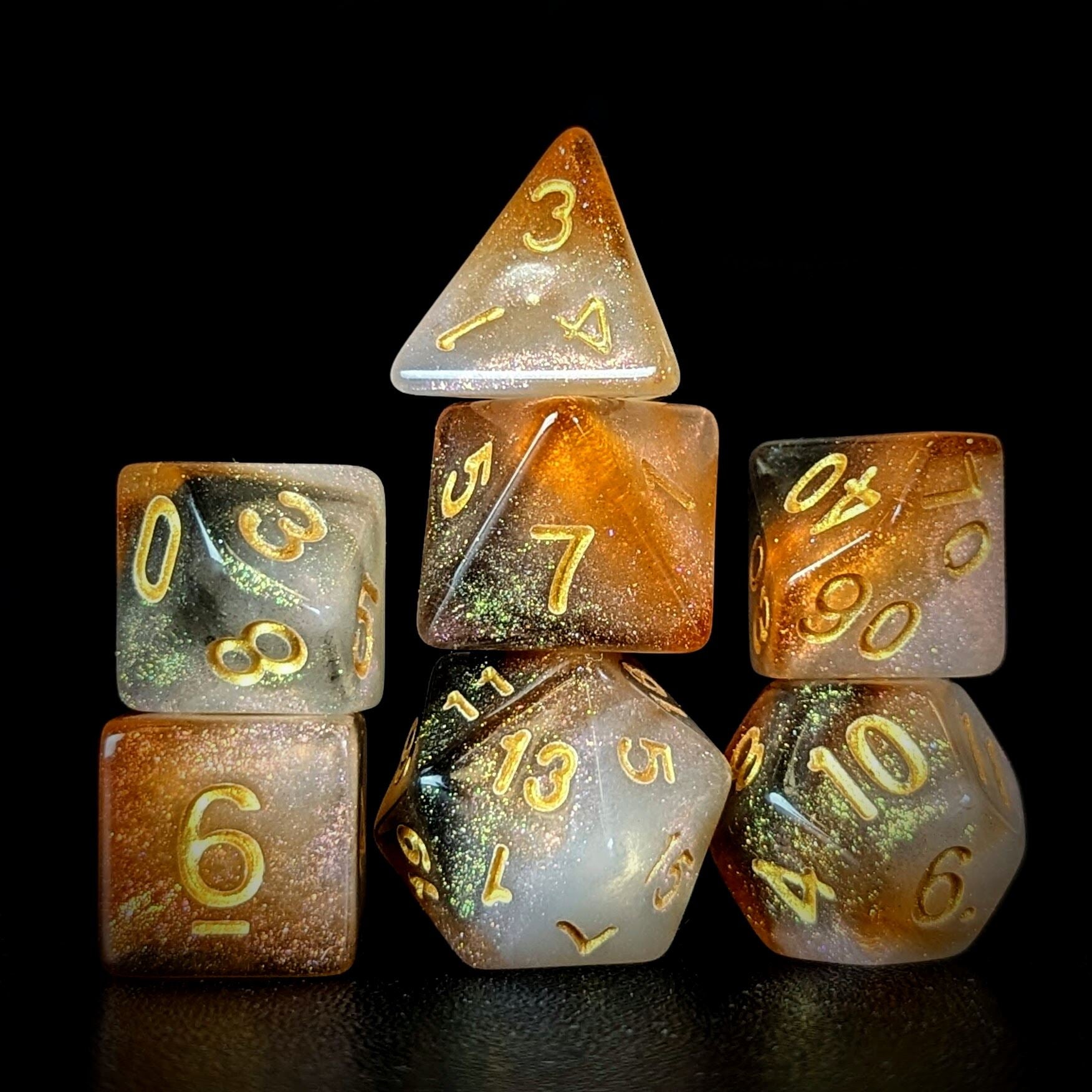 Glitter in Orange & White Acrylic - 7pcs RPG Full Dice Set