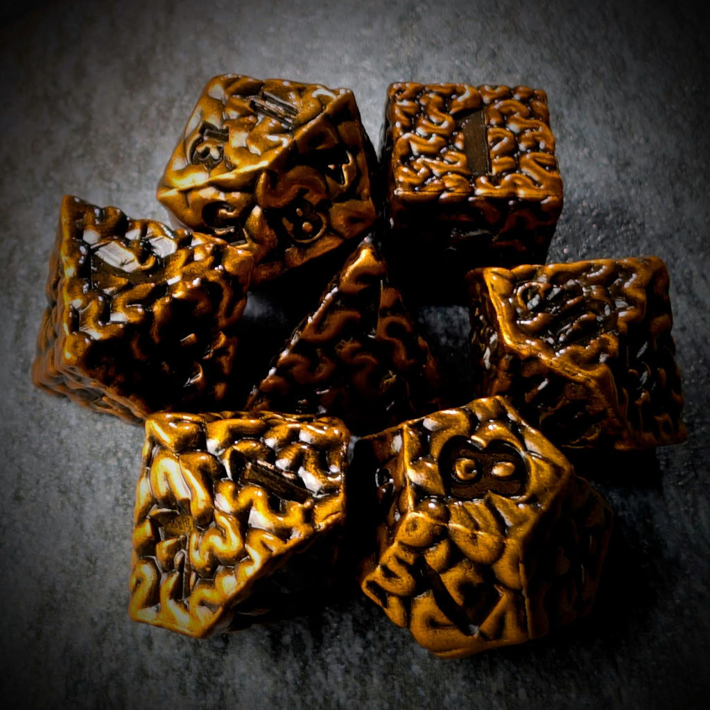 7pcs RPG Dice Set - Black Wash over Gold Metal Brains
