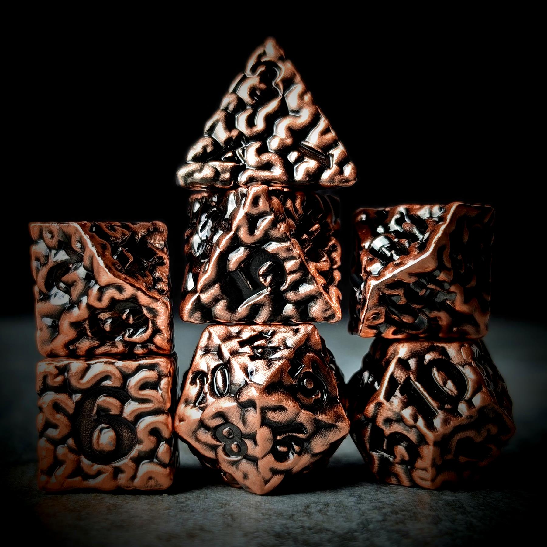 7pcs RPG Dice Set - Black Wash over Copper Metal Brains