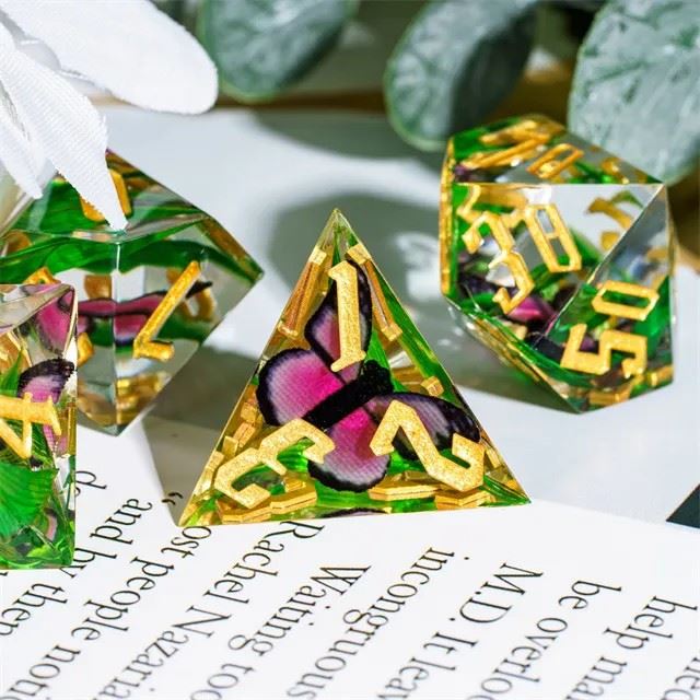 Pink Butterfly in Clear Filled Sharp Resin - 7pcs RPG Dice Set
