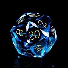 D20 30mm Dice Gem Glass Facet Gold Font Blue