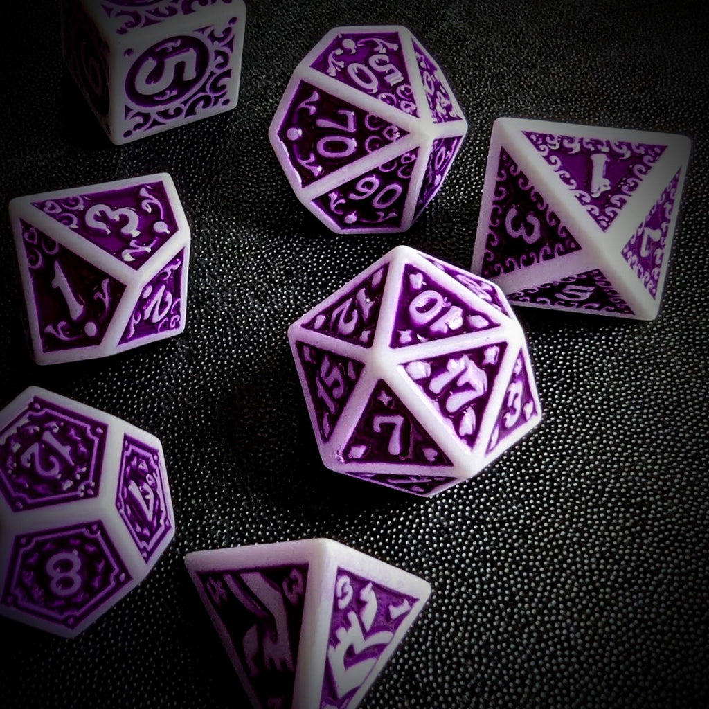 Purple Vines on White Acrylic - 7pcs RPG Full Dice Set