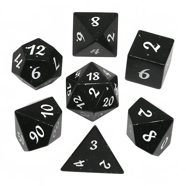 7pcs Dice Gem Glass White Font Green Glitter Black