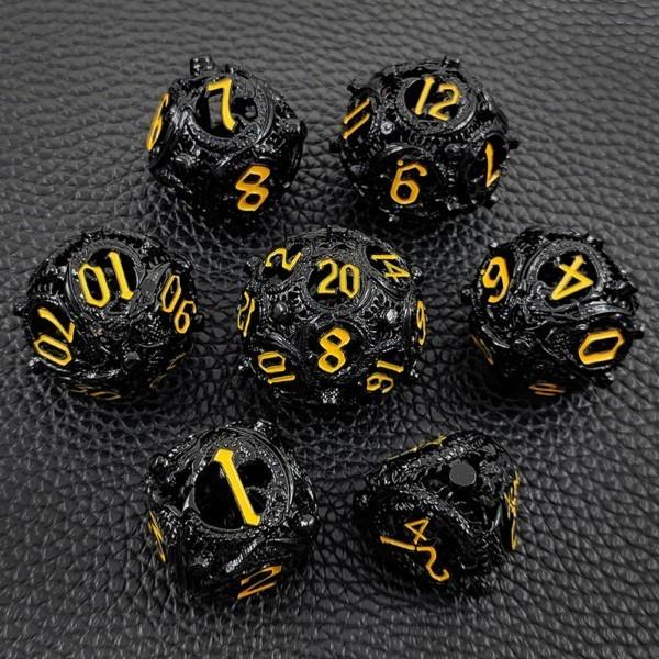 7pcs Dice Metal Hollow Circle Dragon Gold Font Black