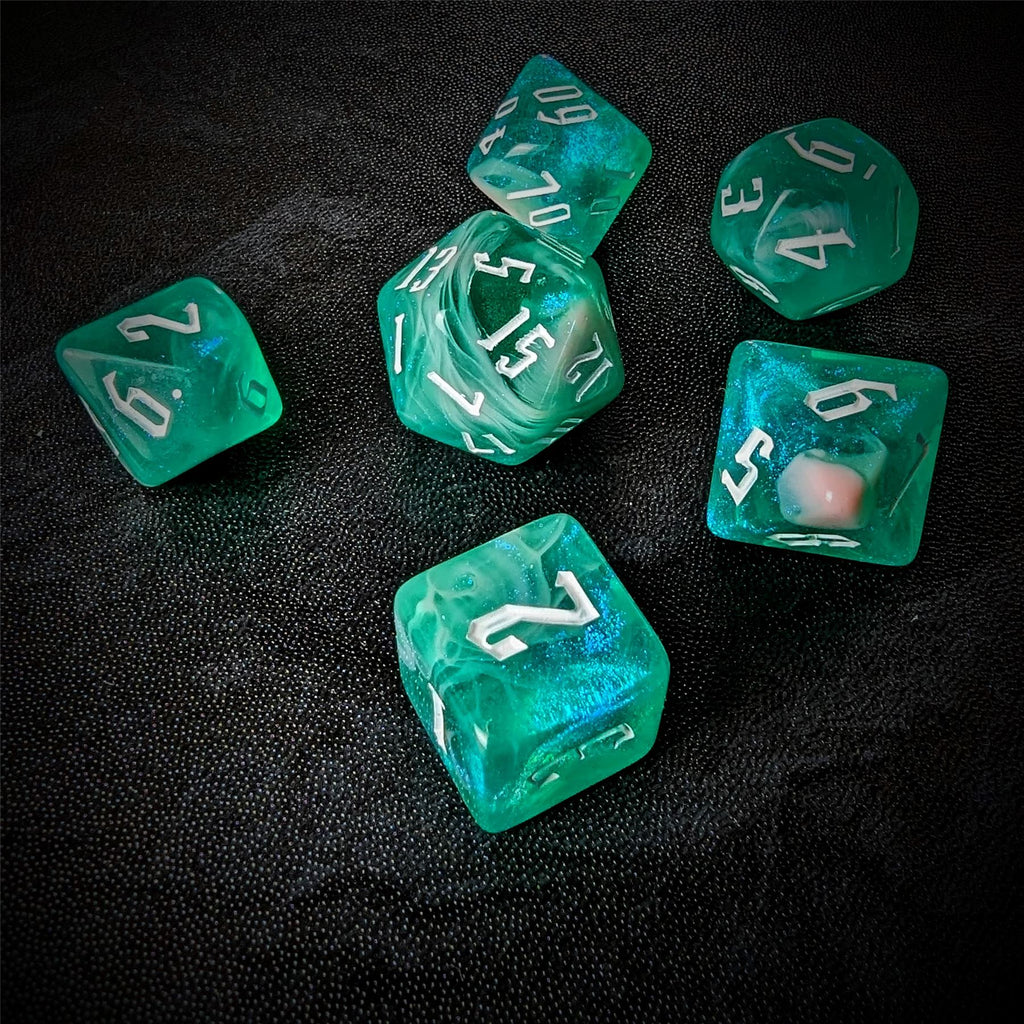 Glitter in Green & Pink Acrylic - 7pcs RPG Full Dice Set