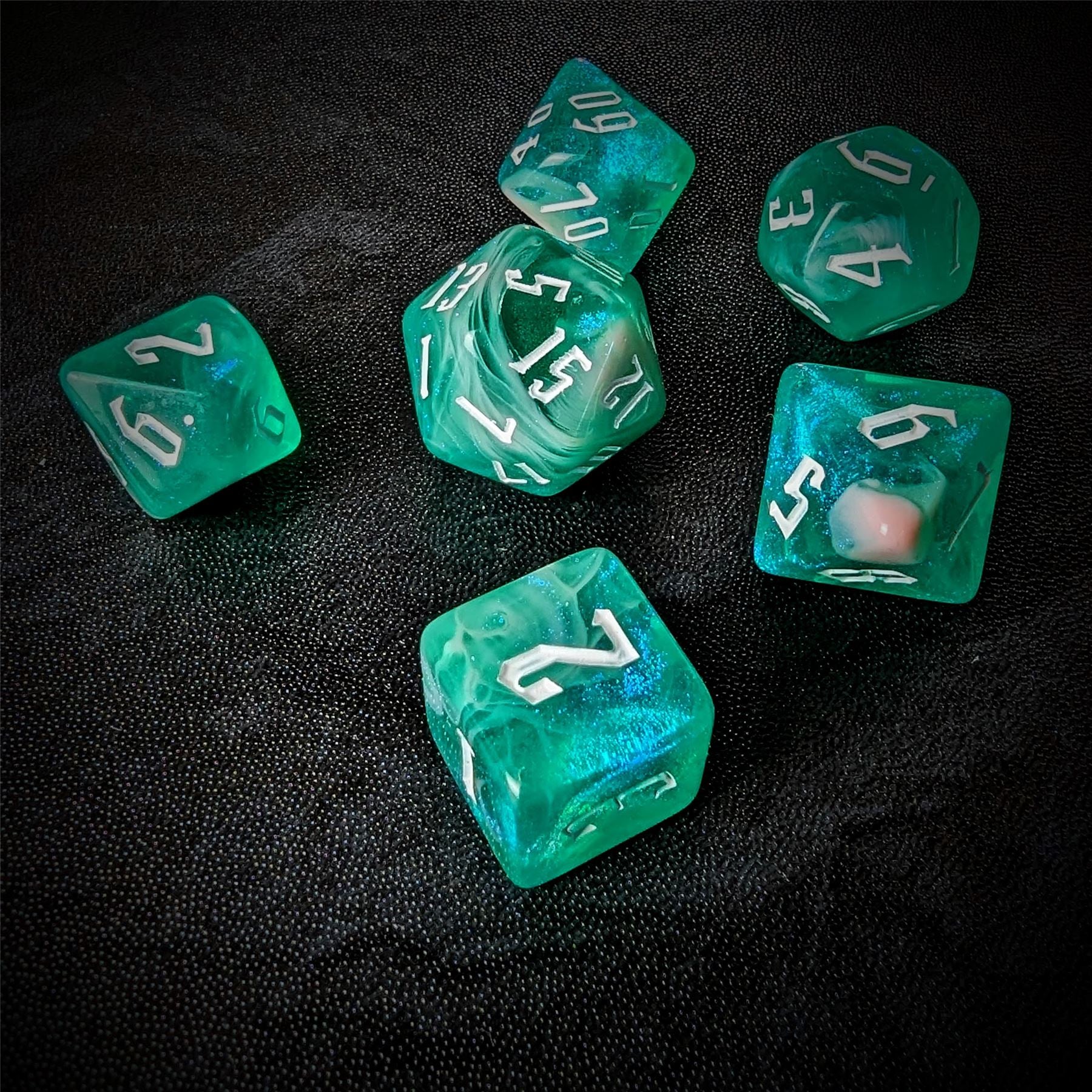Glitter in Green & Pink Acrylic - 7pcs RPG Full Dice Set