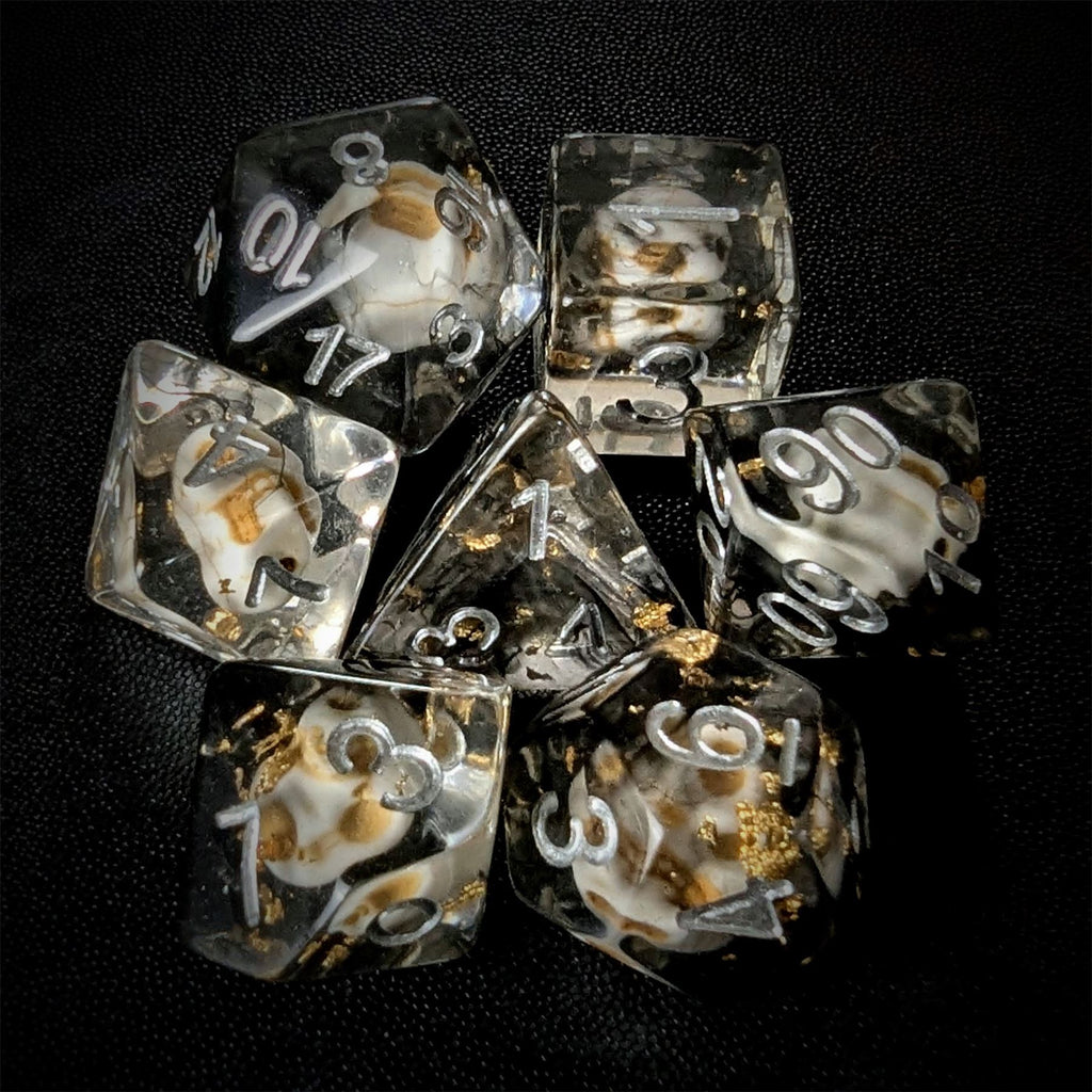 Skull with Gold Foil in Black & Clear Resin - 7pcs RPG Full Dice Set