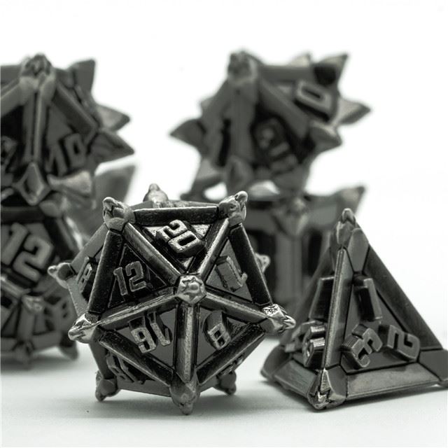7pcs RPG Dice Set - Spiky Silver Metal