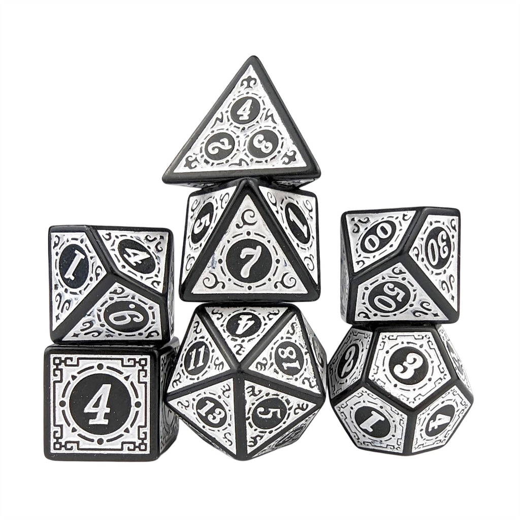 White Lattice on Black Acrylic - 7pcs RPG Full Dice Set