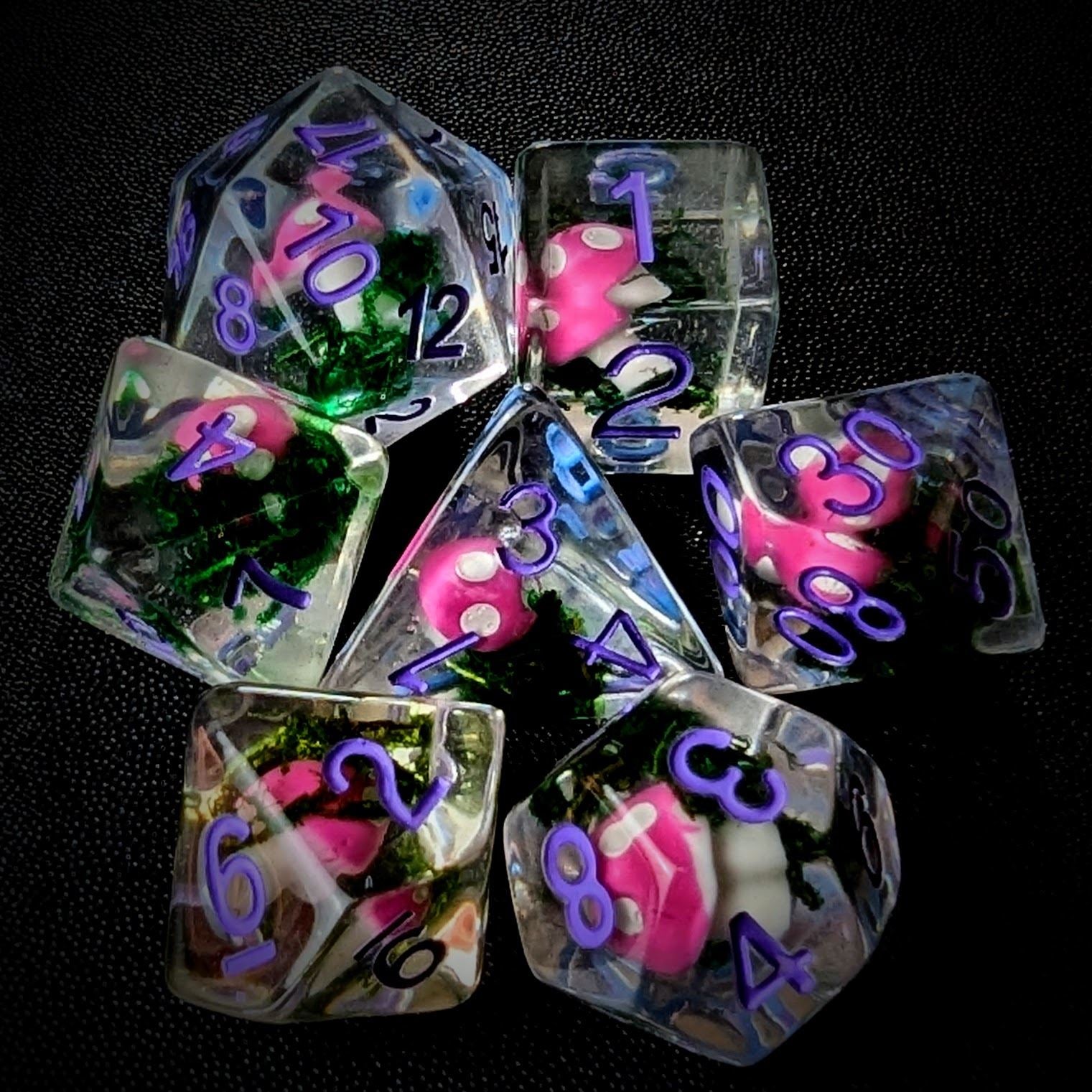 Pink Mushroom in Clear Resin - 7pcs RPG Full Dice Set