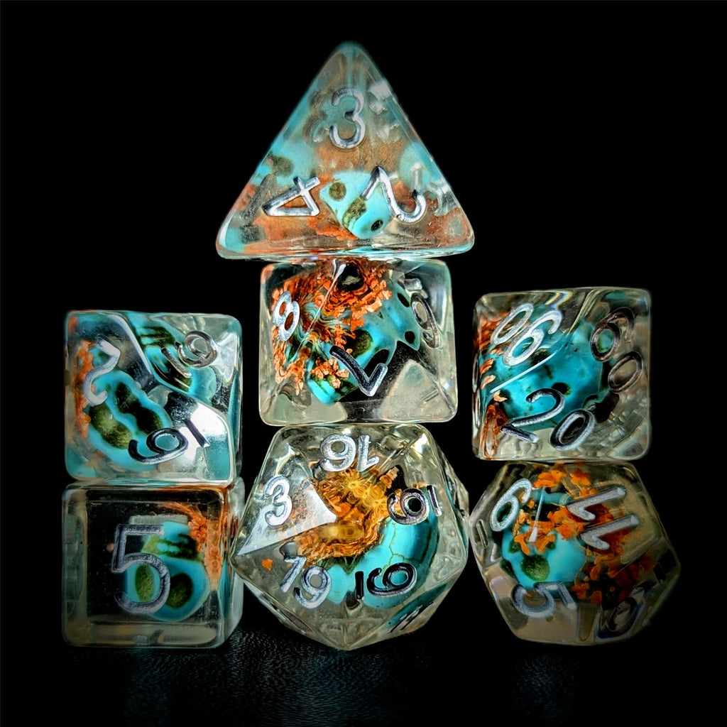 Yellow Flower & Skull in Clear Resin - 7pcs RPG Full Dice Set