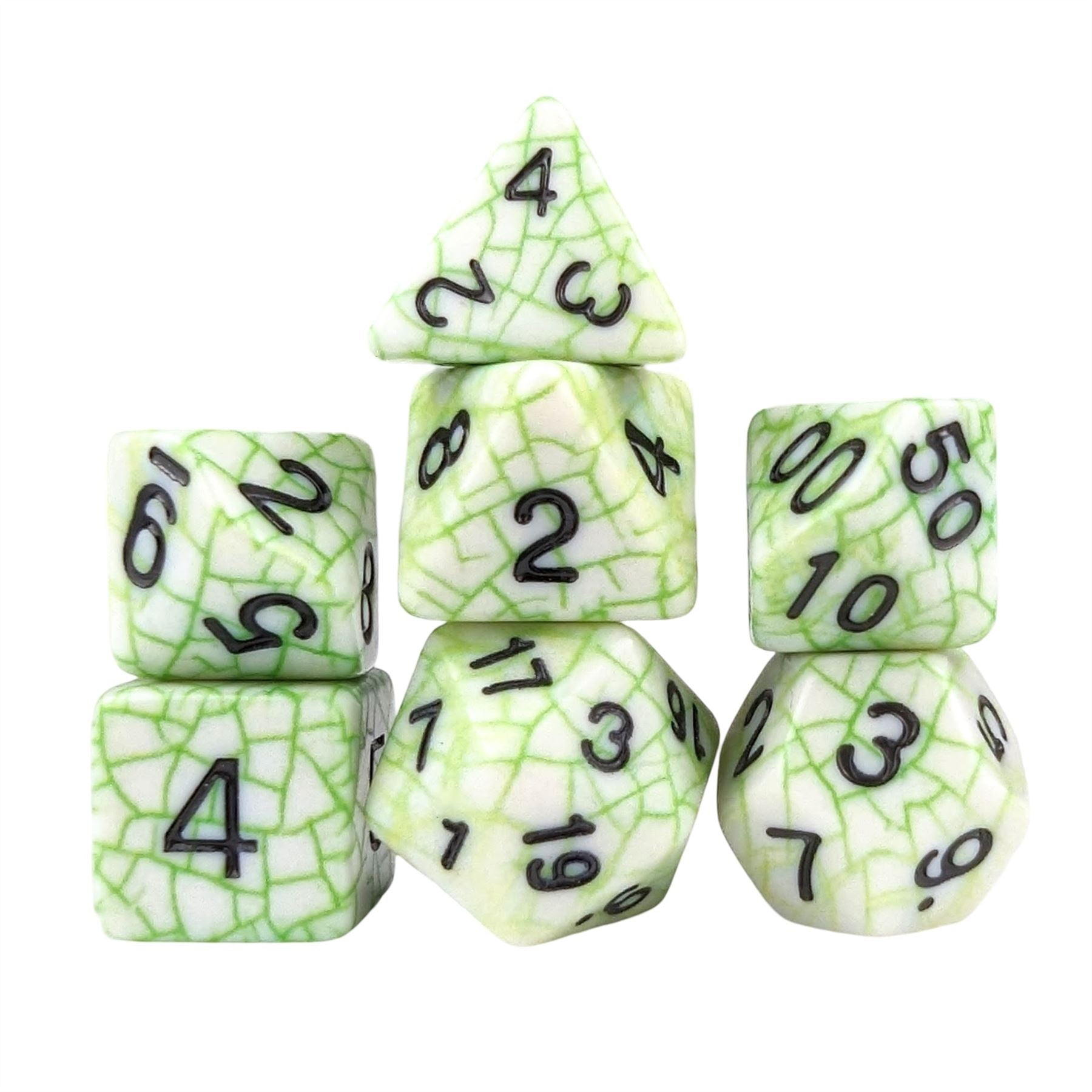 Cracked Green on White Acrylic - 7pcs RPG Full Dice Set