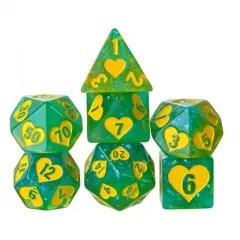 7pcs Dice Resin Pattern Hearts Yellow Font Green
