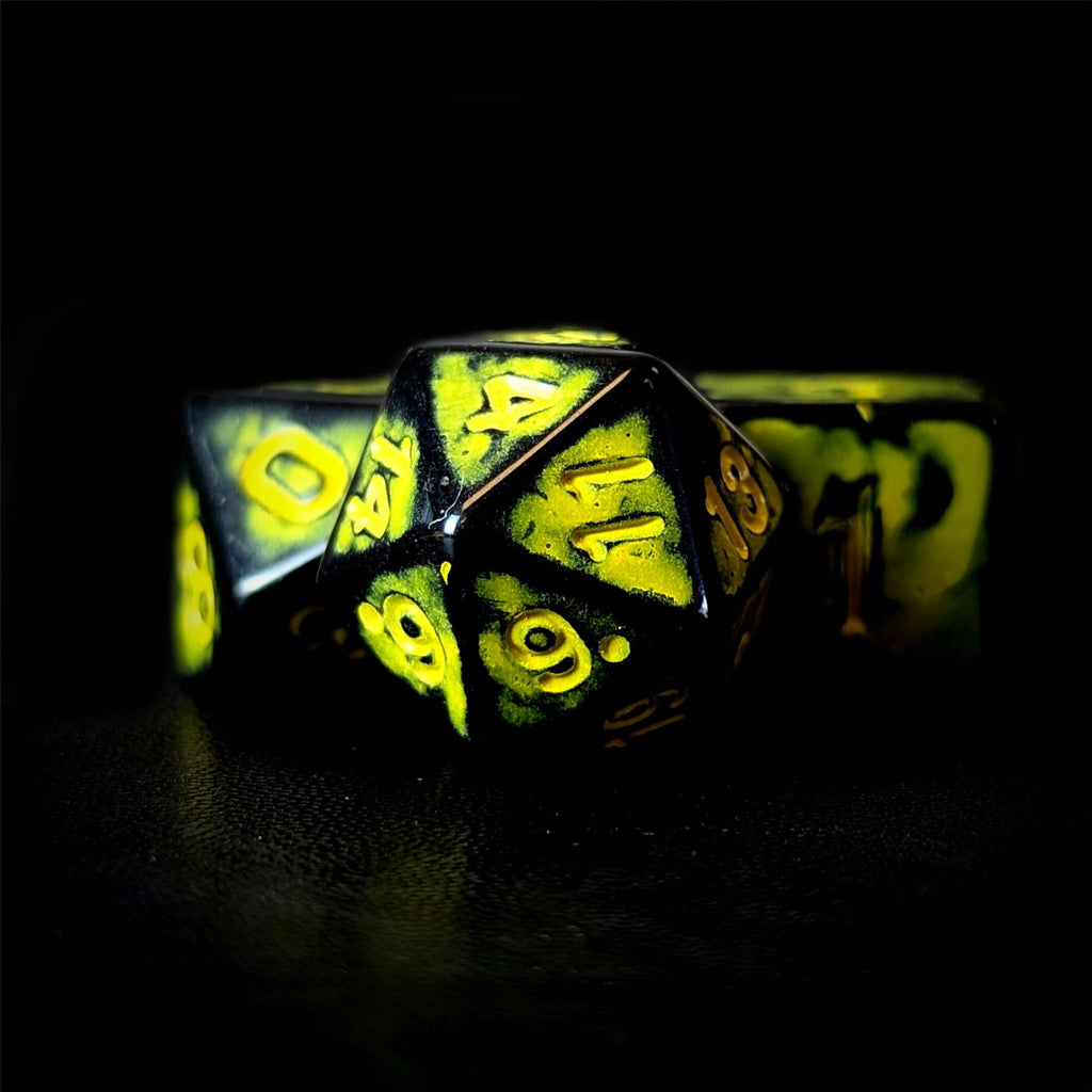 Washed Yellow on Black Acrylic - 7pcs RPG Full Dice Set