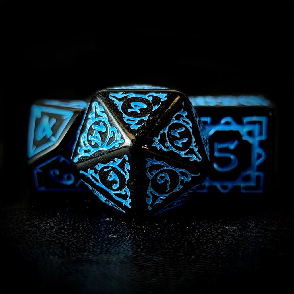 Blue Vines on Black Acrylic - 7pcs RPG Full Dice Set