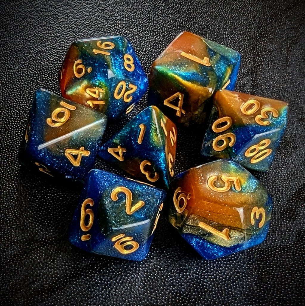 Glitter in Blue & Orange Acrylic - 7pcs RPG Full Dice Set