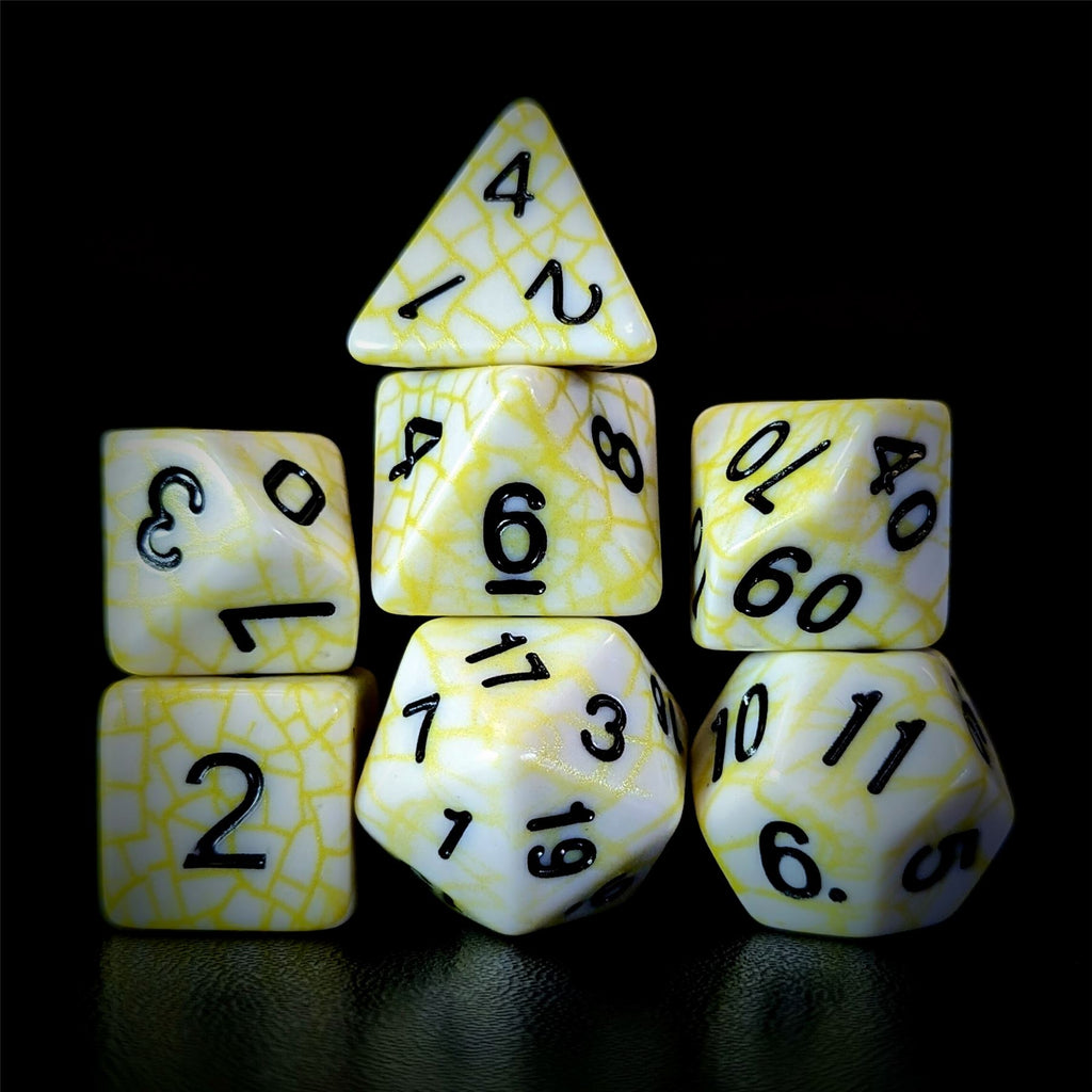 Cracked Yellow on White Acrylic - 7pcs RPG Full Dice Set
