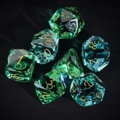7pcs Dice Gem Glass Facet Gold Font Green Blue (UD)