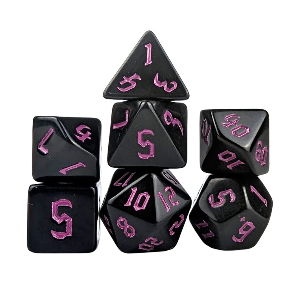 Magenta on Solid Black Acrylic - 7pcs RPG Full Dice Set