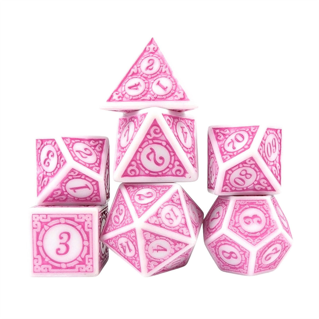 Pink Lattice on White Acrylic - 7pcs RPG Full Dice Set