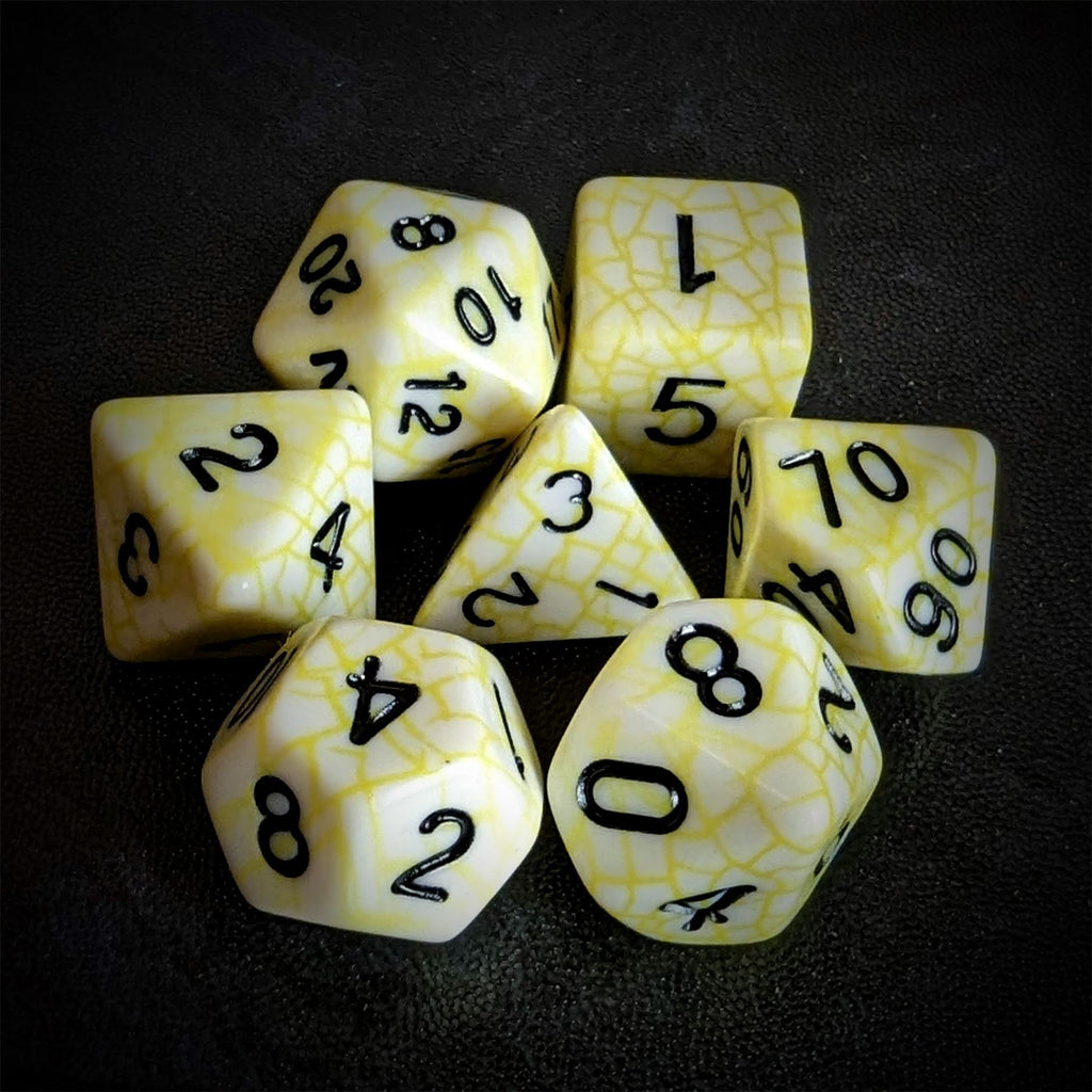 Cracked Yellow on White Acrylic - 7pcs RPG Full Dice Set