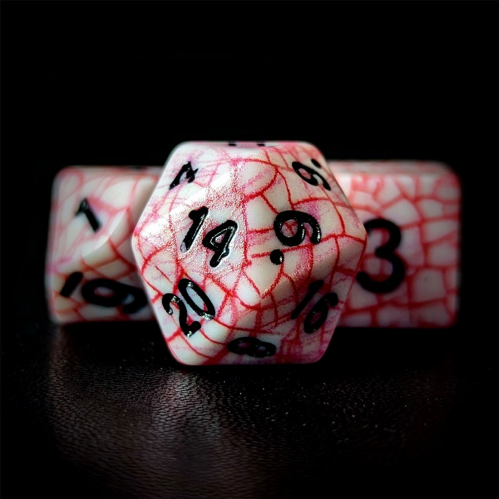 Cracked Red on White Acrylic - 7pcs RPG Full Dice Set